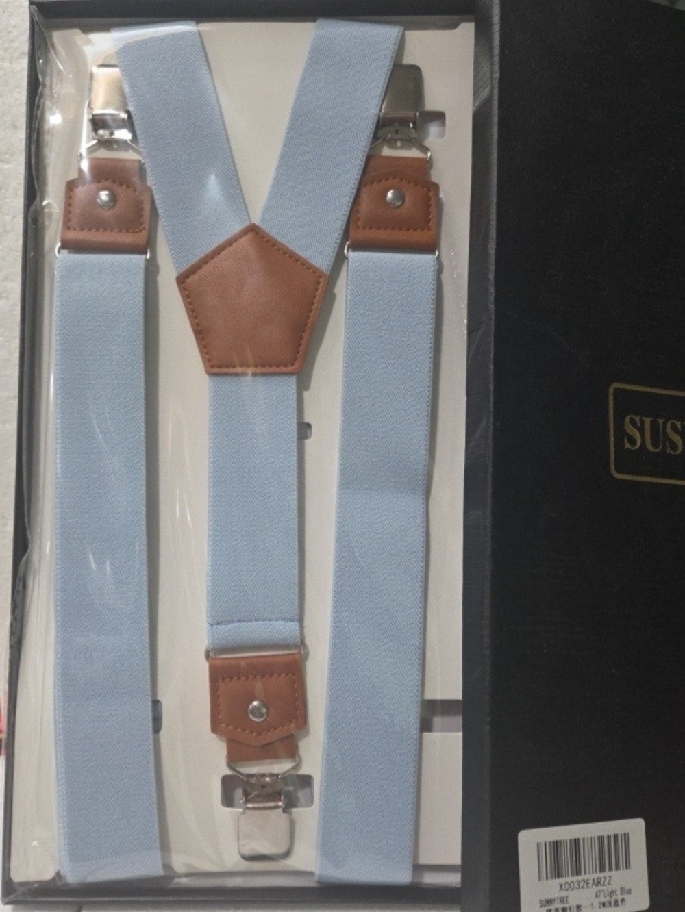 Light Blue Men’s Suspenders with Brown Leather Accents